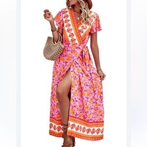 Floral Wrap Maxi Dress - Pink and Orange